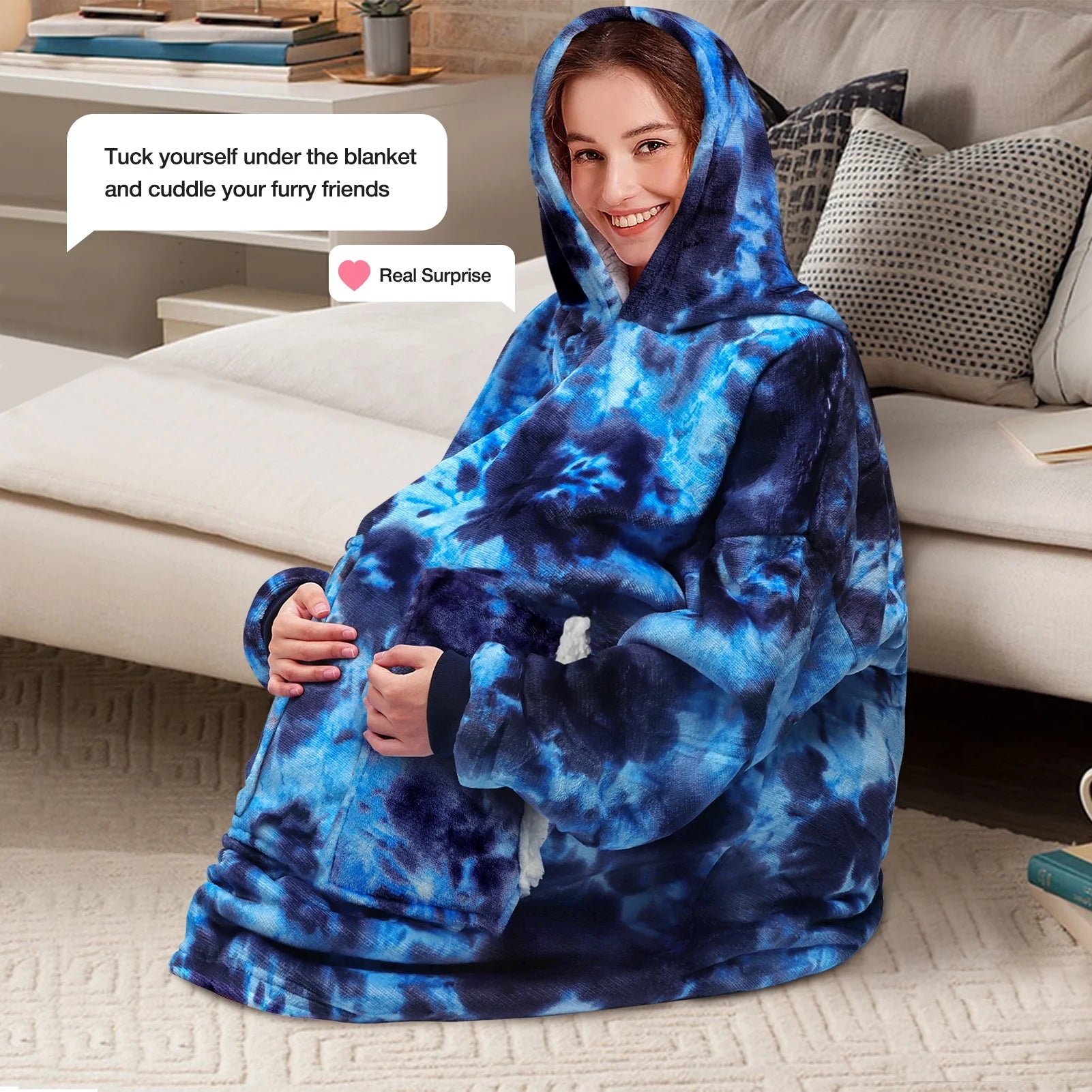 Wearable Blanket Hoodie, Oversized Sherpa Blanket Hoodie Sweatshirt for Adults Women, Extremely Cozy, Warm, Soft and Fuzzy Hoodie Blanket (Tie Dye Blue)