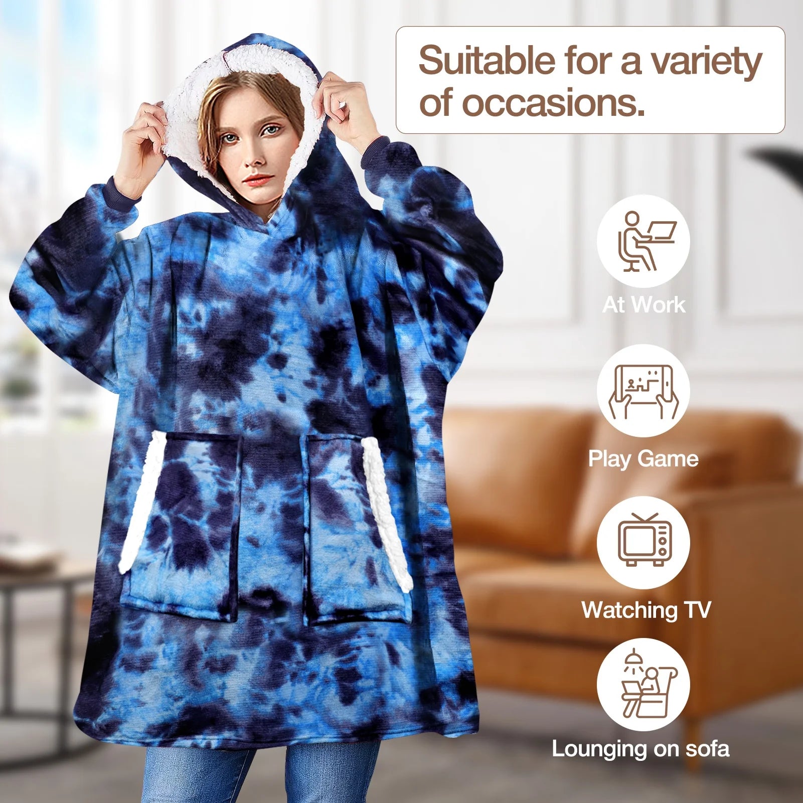 Wearable Blanket Hoodie, Oversized Sherpa Blanket Hoodie Sweatshirt for Adults Women, Extremely Cozy, Warm, Soft and Fuzzy Hoodie Blanket (Tie Dye Blue)