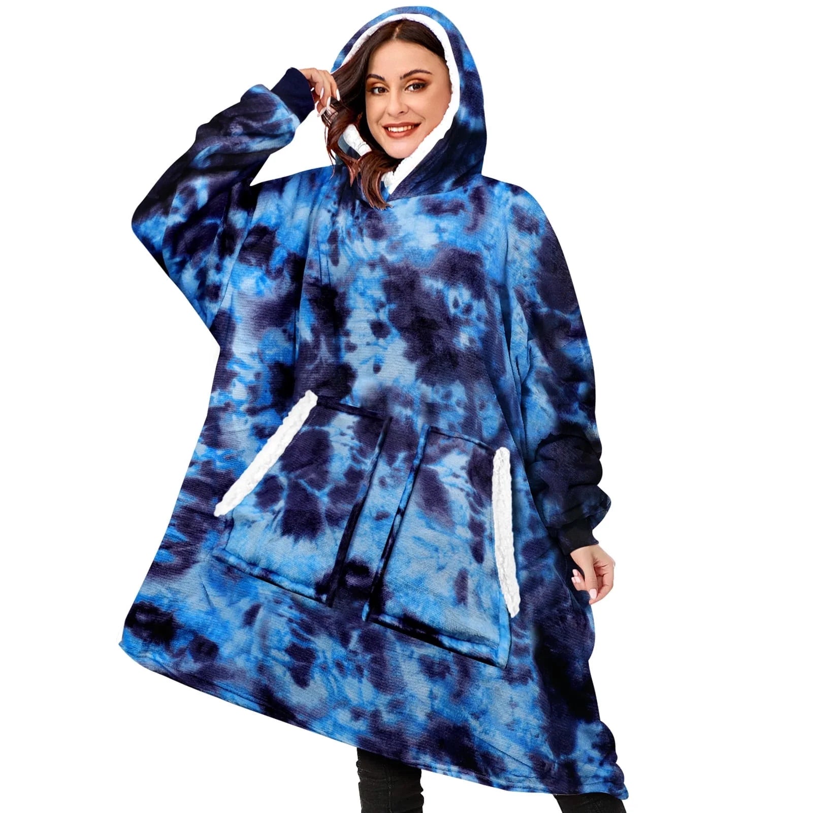 Wearable Blanket Hoodie, Oversized Sherpa Blanket Hoodie Sweatshirt for Adults Women, Extremely Cozy, Warm, Soft and Fuzzy Hoodie Blanket (Tie Dye Blue)