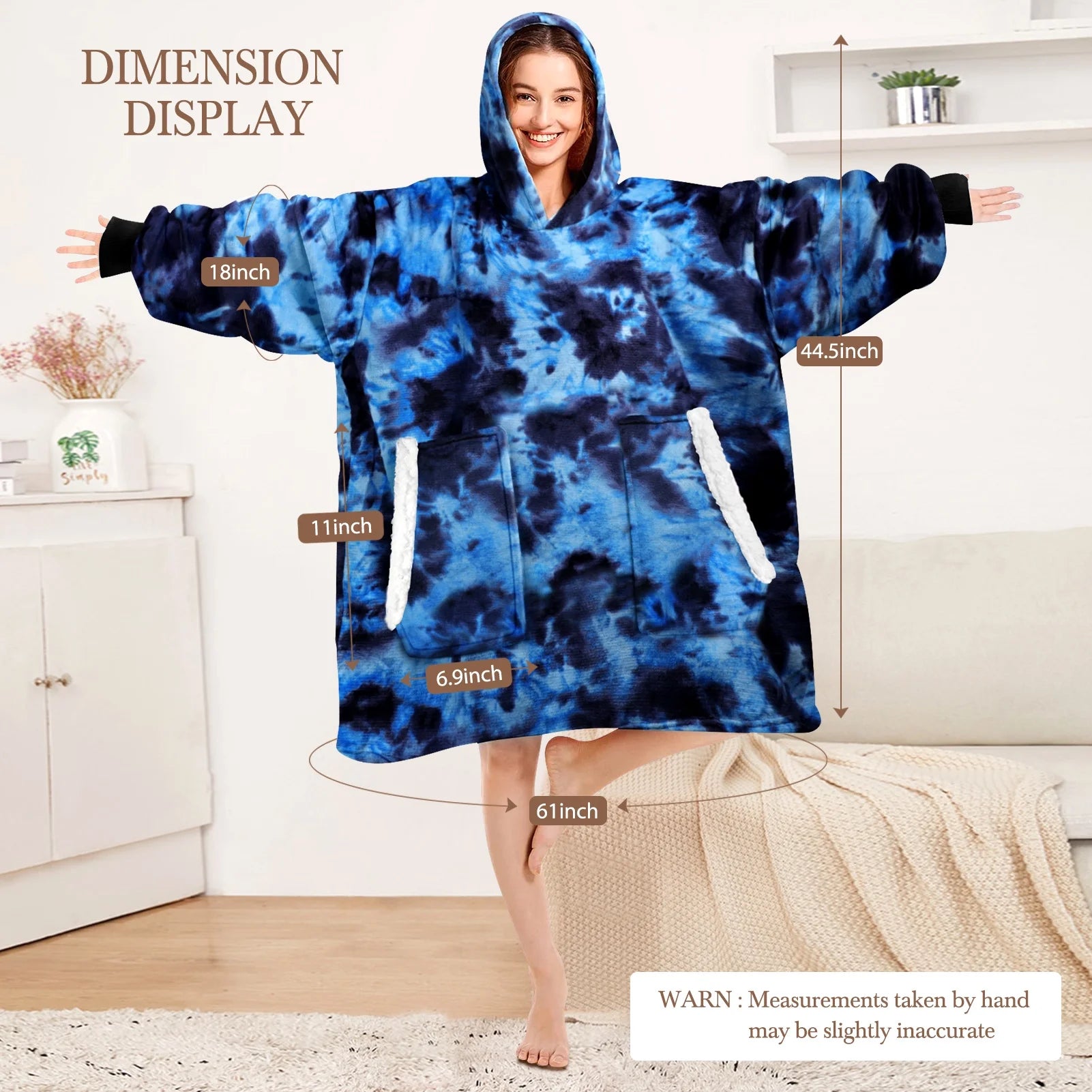 Wearable Blanket Hoodie, Oversized Sherpa Blanket Hoodie Sweatshirt for Adults Women, Extremely Cozy, Warm, Soft and Fuzzy Hoodie Blanket (Tie Dye Blue)