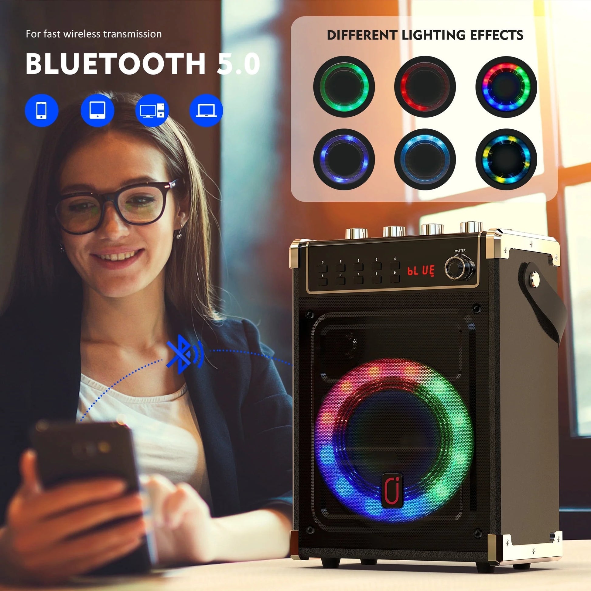 Bluetooth Speaker, Portable Speaker with LED Light, Wireless Party Speaker with Remote Control