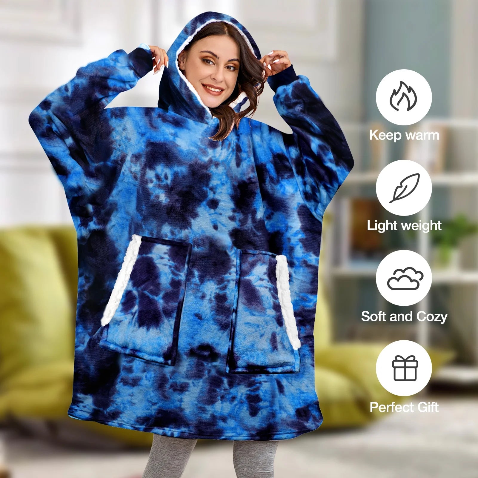 Wearable Blanket Hoodie, Oversized Sherpa Blanket Hoodie Sweatshirt for Adults Women, Extremely Cozy, Warm, Soft and Fuzzy Hoodie Blanket (Tie Dye Blue)